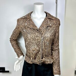 Leopard Print Leather Jacket Size Small Belted Moto Grunge Chic Edgy Streetwear